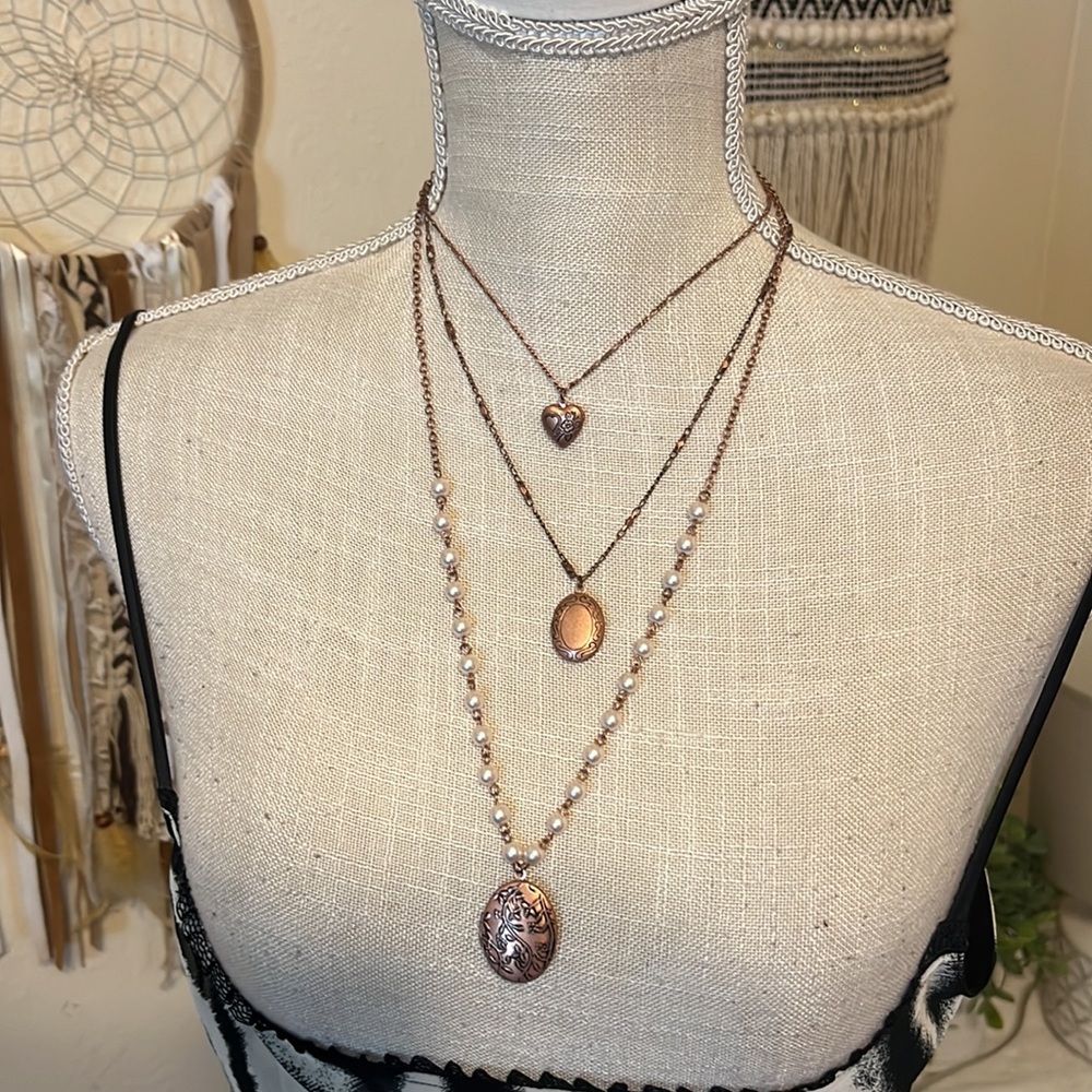 Vintage Rose Gold Multi Strand Locket Pendant Necklace with Pearls /Rose Gold